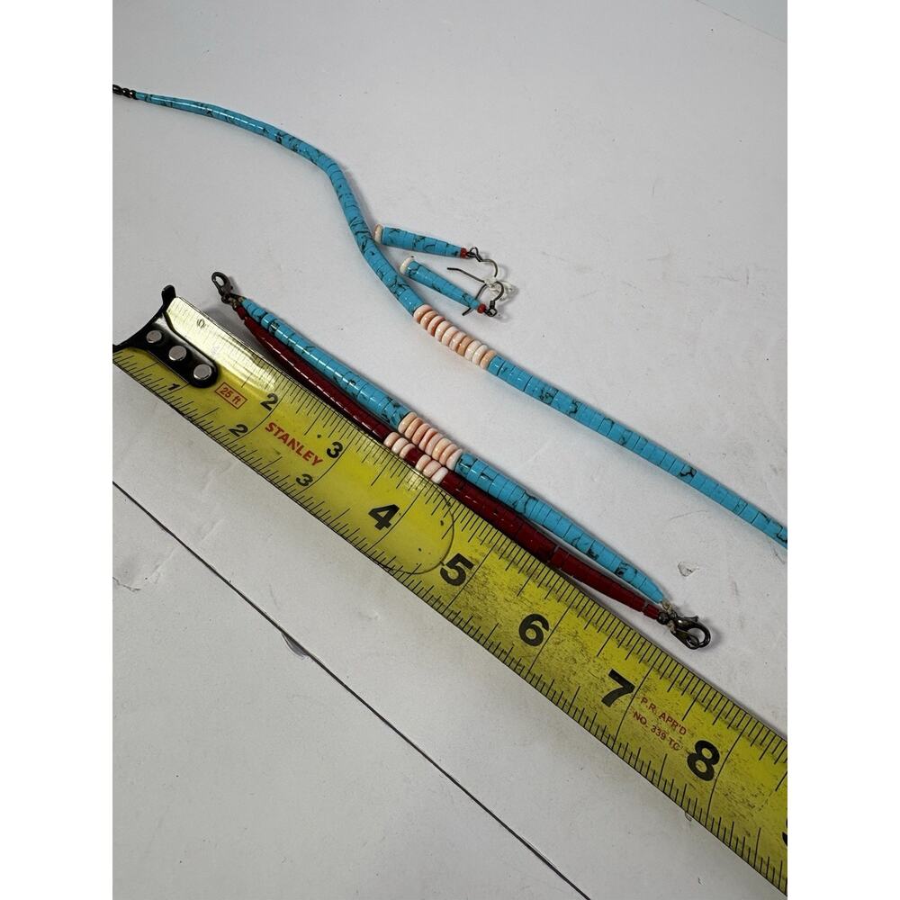 Block Turquoise and Coral Graduated Heishi Necklace, Bracelets And Earrings Set - Picture 15 of 15